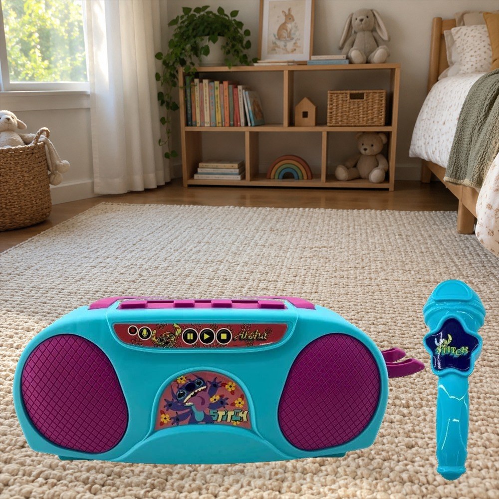 Boombox Karaokê Disney Stitch, caixa amplificada com microfone